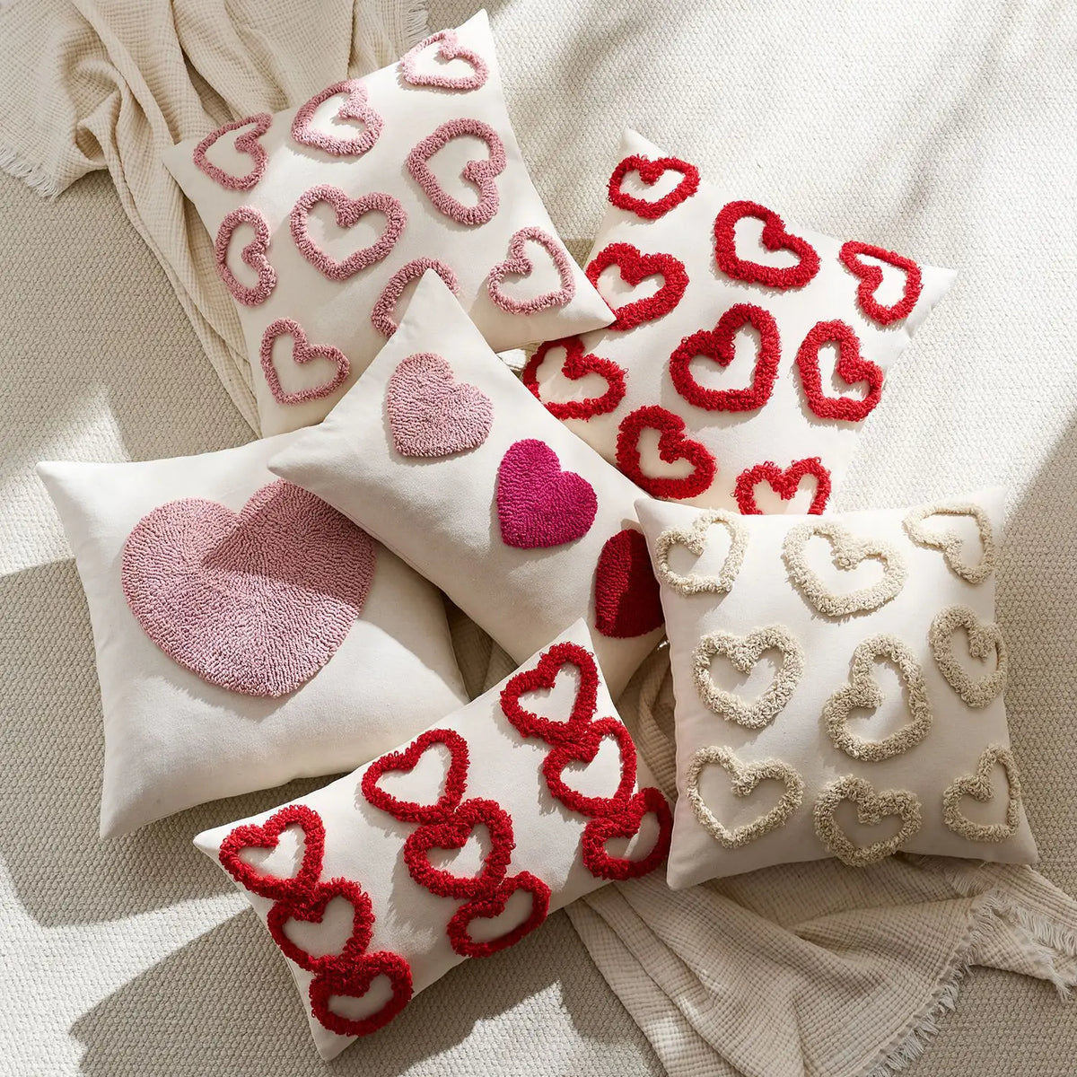 housse coussin brodée cœur relief rouge rose décoration maison festive mariage voiture 45x45cm 30x50cm