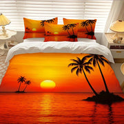 housse couette motif tropical palmiers coucher soleil orange blanc moderne