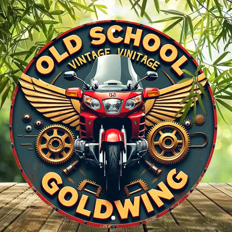 plaque décorative vintage moto illustration honda goldwing ailes dorées engrenages bleu rouge