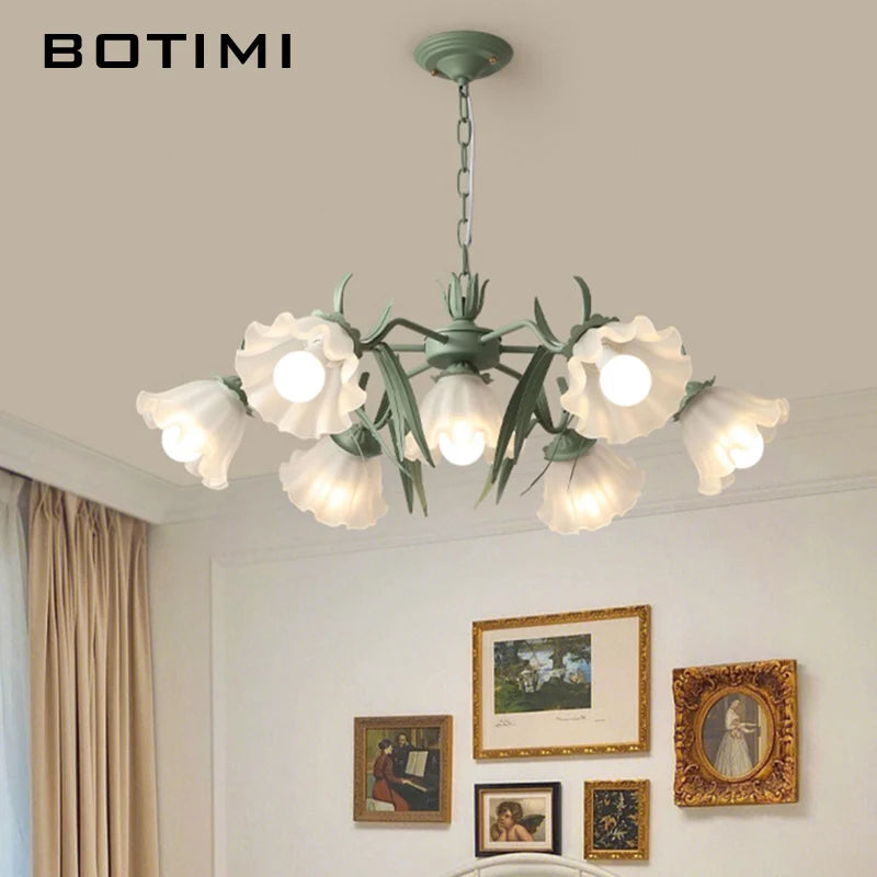 lampe suspendue moderne fleurs vert blanc abat jour verre dépoli led salon chambre