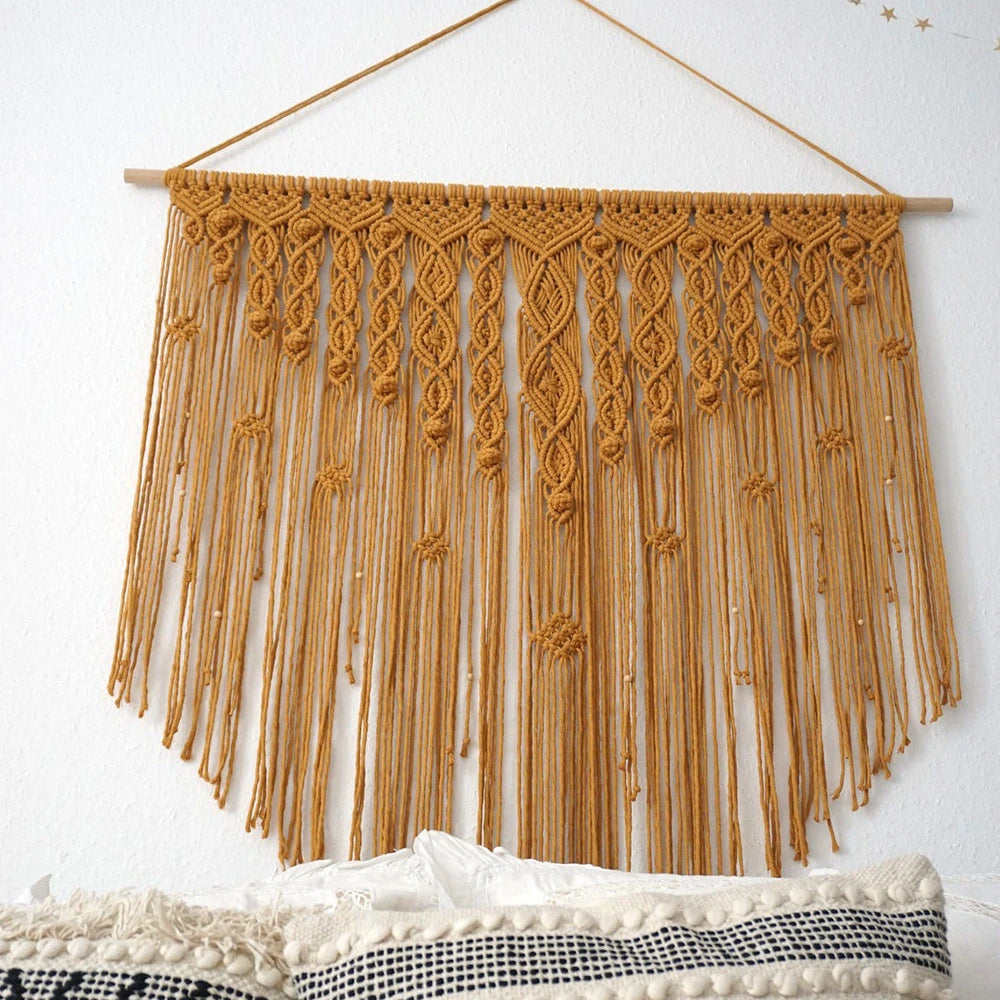 tapisserie macramé géométrique franges bohème décoration murale øllets beige clair