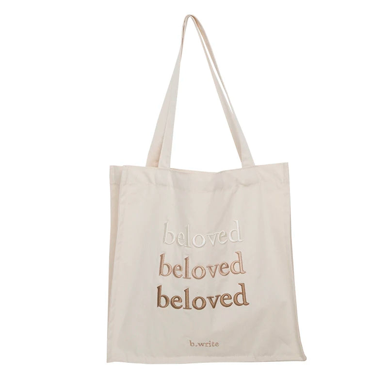 sac main toile brodée beloved lettres décontracté poignées détachables couleur beige marron bleu clair