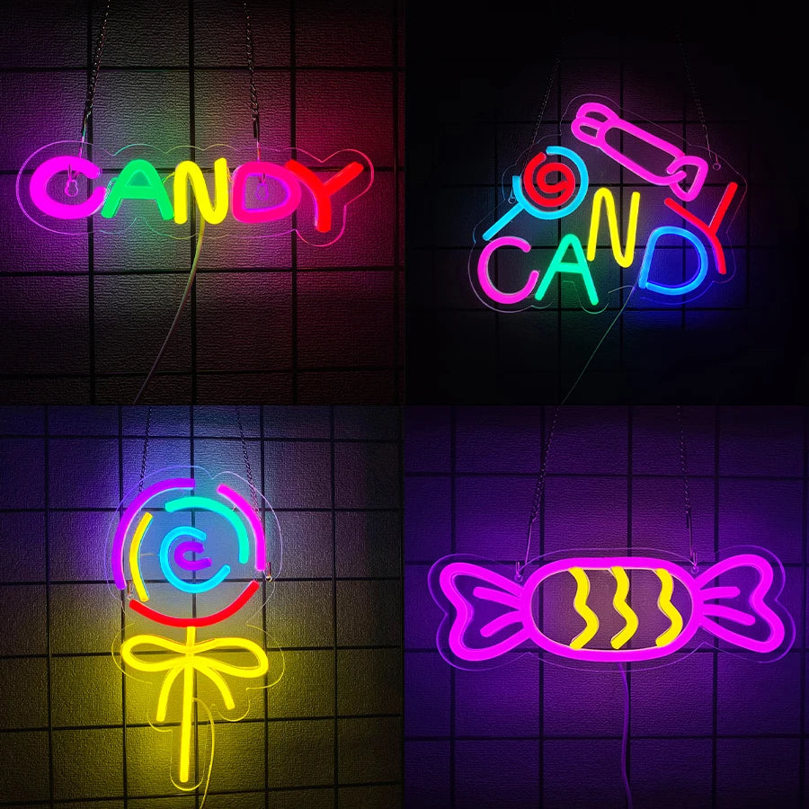 néon lumineux multicolore candy lettres bonbons sucette moderne opaques câble usb vis