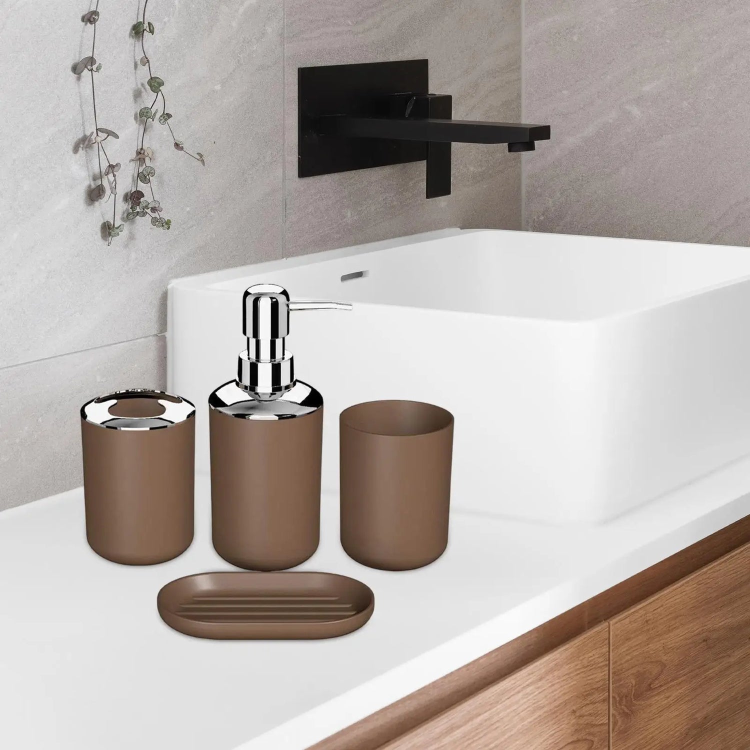 Ensemble 4 pièces salle de bain avec distributeur de savon et accessoires en couleur bourgogne