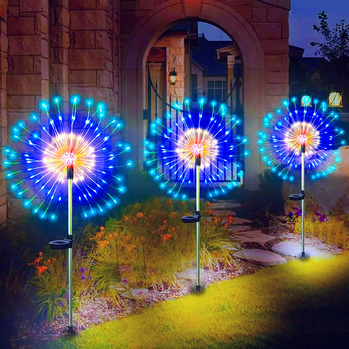 lumière solaire feu d'artifice led bleu blanc rouge vert moderne decoration jardinextérieur