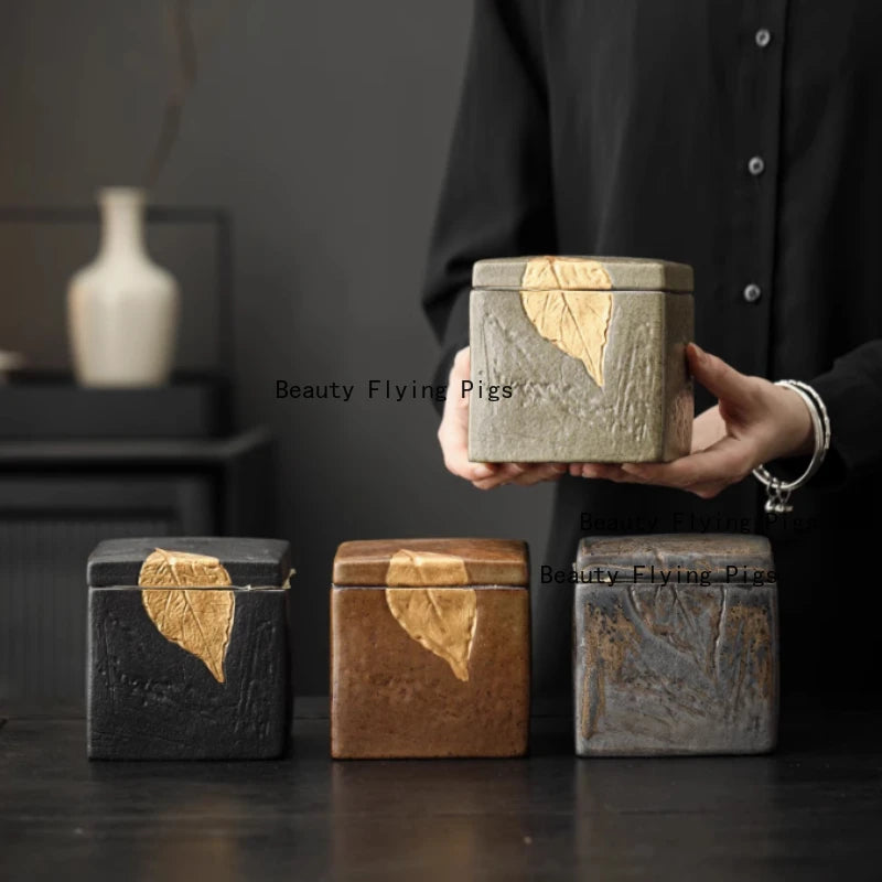 boîtes carrées vintage bois marbré noir marron gris doré.storage thé bonbons noix