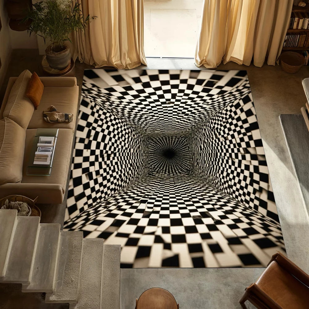 tapis moderne rectangle carreaux géométriques effet 3d noir blanc contemporain salon chambre