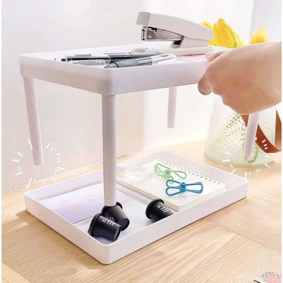 support rangement double niveau blanc moderne rangement papeterie stylo cahier agrafeuse marque page boite