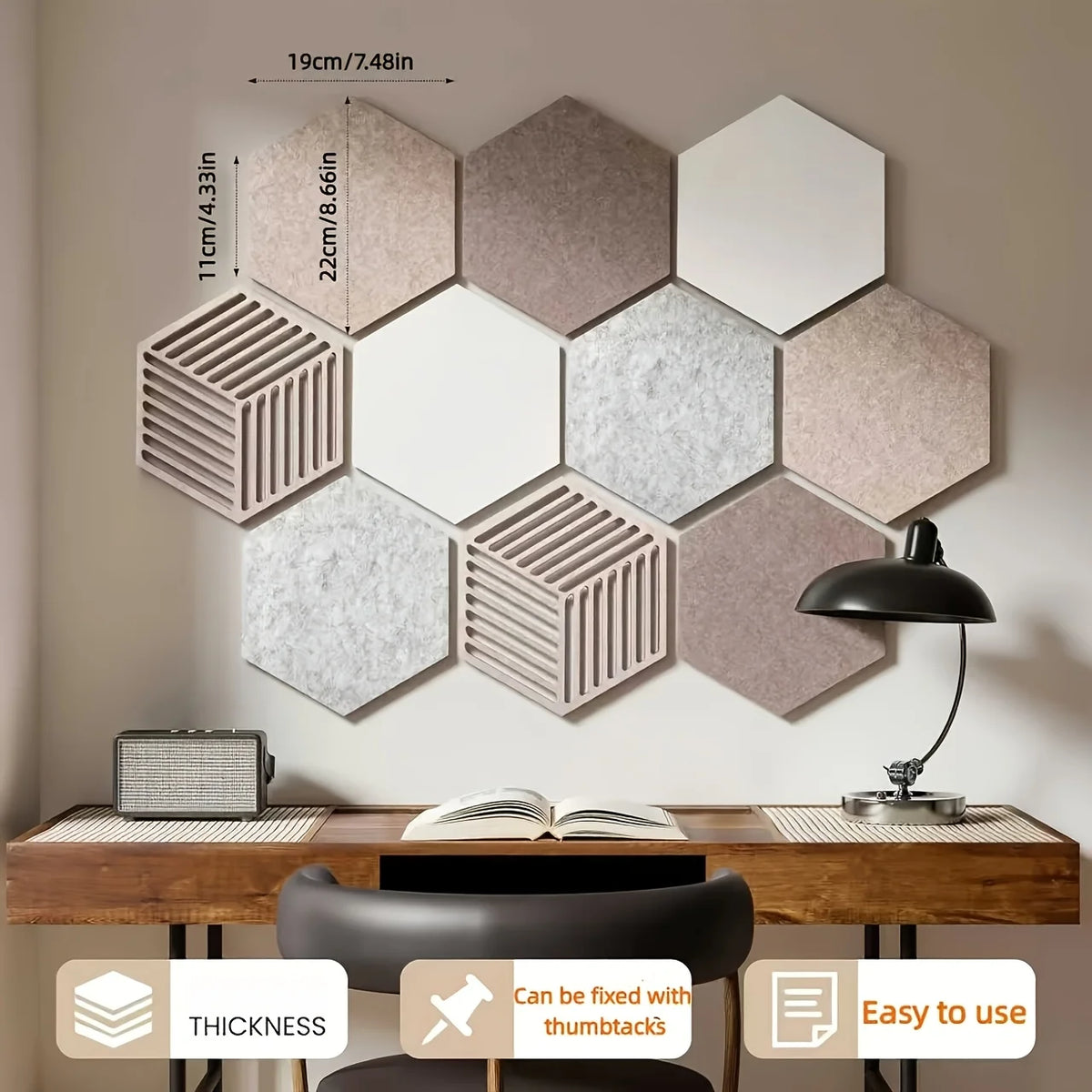 tableau d'affichage hexagonal feutre texturé gris beige rose marron clair moderne épingles DIY