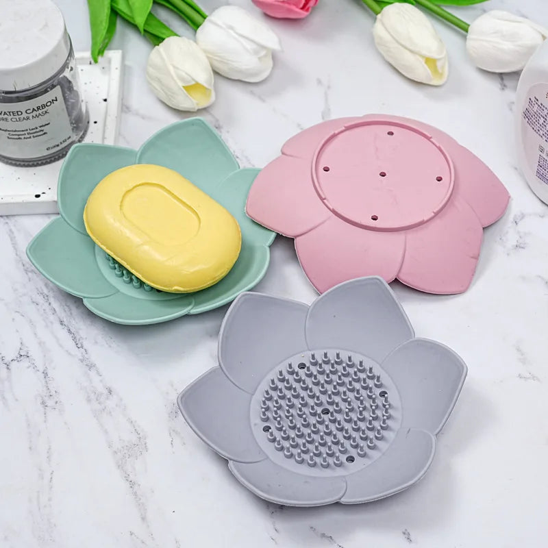 support savon moderne fleur relief gris bleu rose opaque salle bain portable silicone