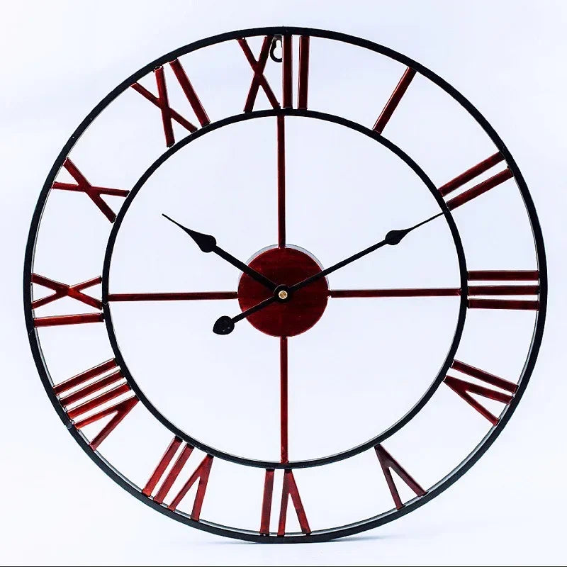 horloge murale industrielle vintage aiguilles métal chiffres romains noir doré salon decoration