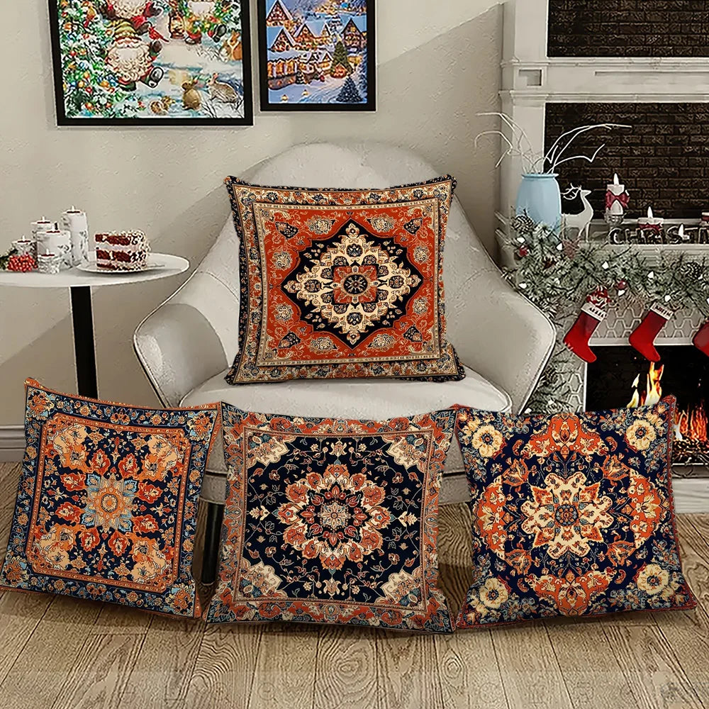 taies d'oreiller décoratives motifs floraux géométriques vintage bleu marine orange beige blanc polyester peachskin
