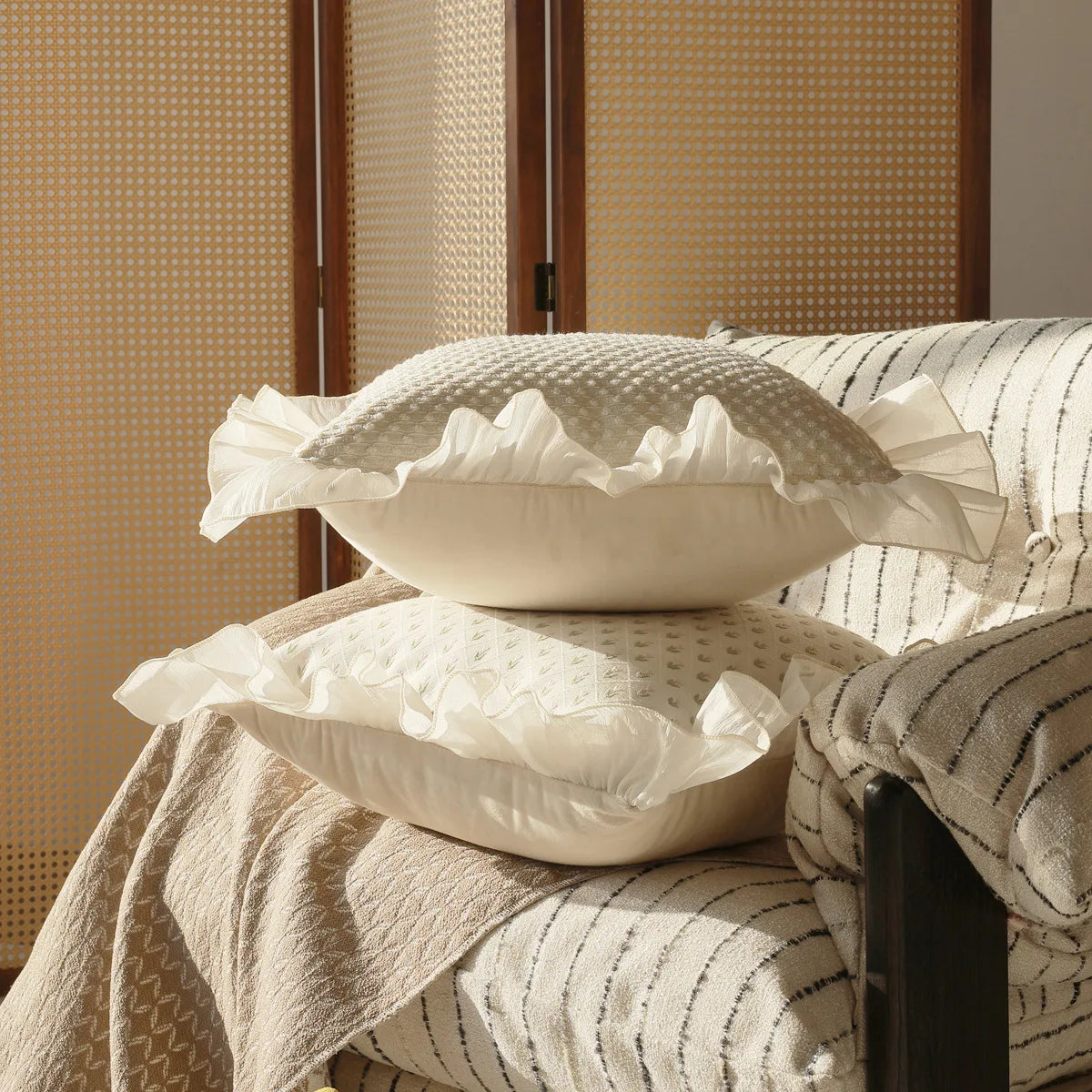 housse coussin polyester imprimé floral vintage romantique beige marron orange pointillé øllets square rectangle