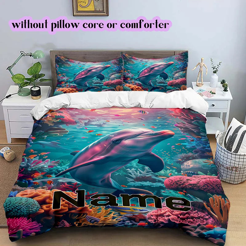 housse couette parure lit imprimée dauphin sous marin multicolore moderne oreillers bleu vert rose