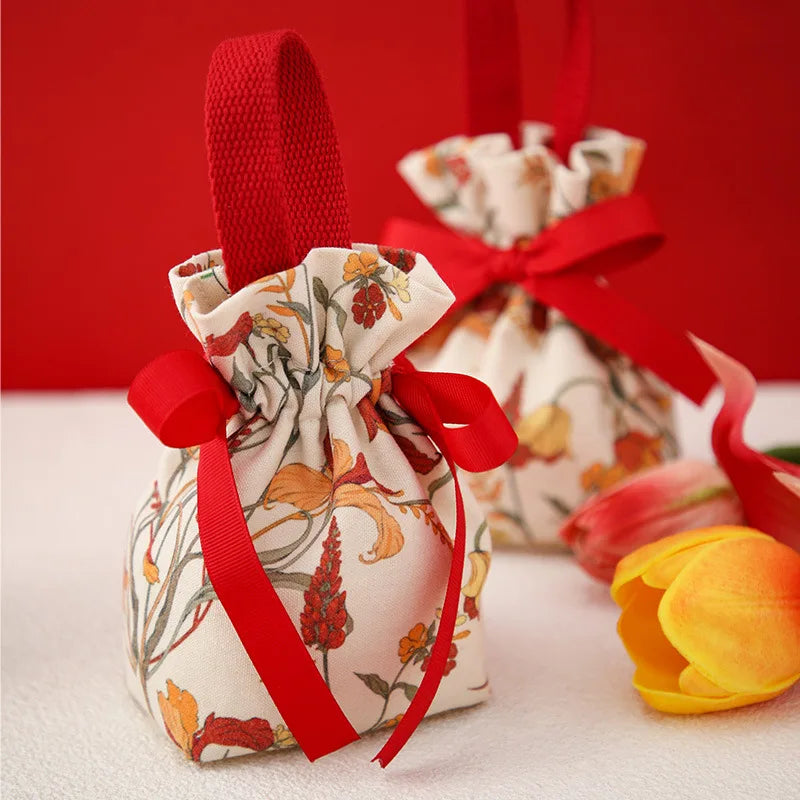sac bonbons portable toile motif floral ruban blanc réutilisable emballage cadeau mariage anniversaire noël