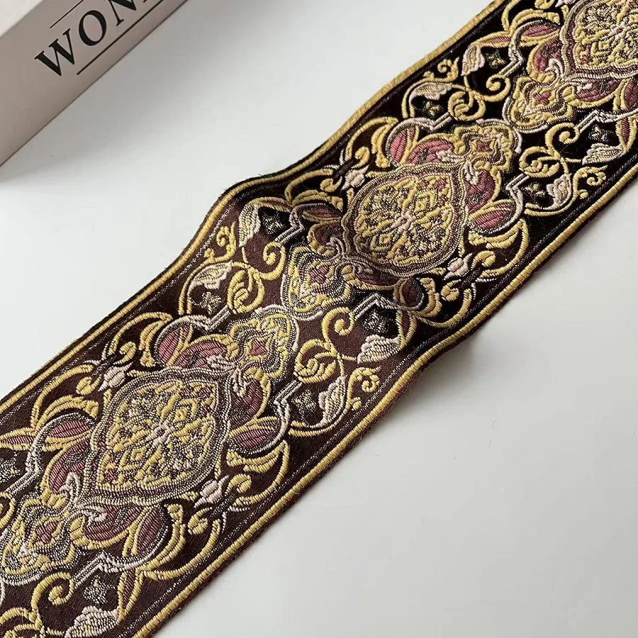 ruban decoratif polyester fleur classique marron bleu doré noir unique largeur 10cm opaque