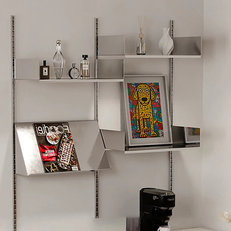 étagère murale modulaire acier inoxydable gris moderne livres cadres vases bougies