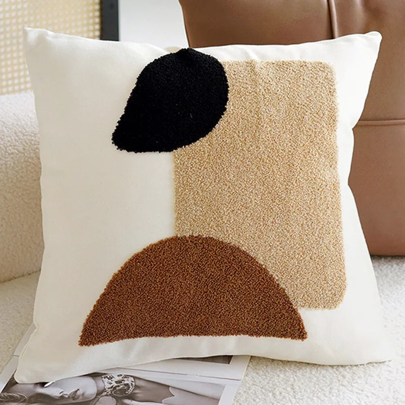 taies d'oreiller patchwork contemporain coussin carré blanc noir marron géométrique arrondi non toxique respectueux