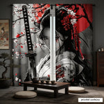 rideau imprimé art japonais femme katana fleurs cerisier noir rouge salon moderne