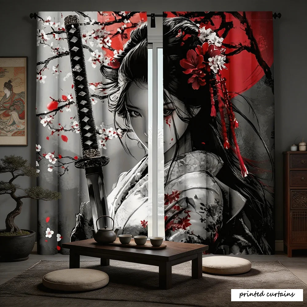 rideau imprimé art japonais femme katana fleurs cerisier noir rouge salon moderne