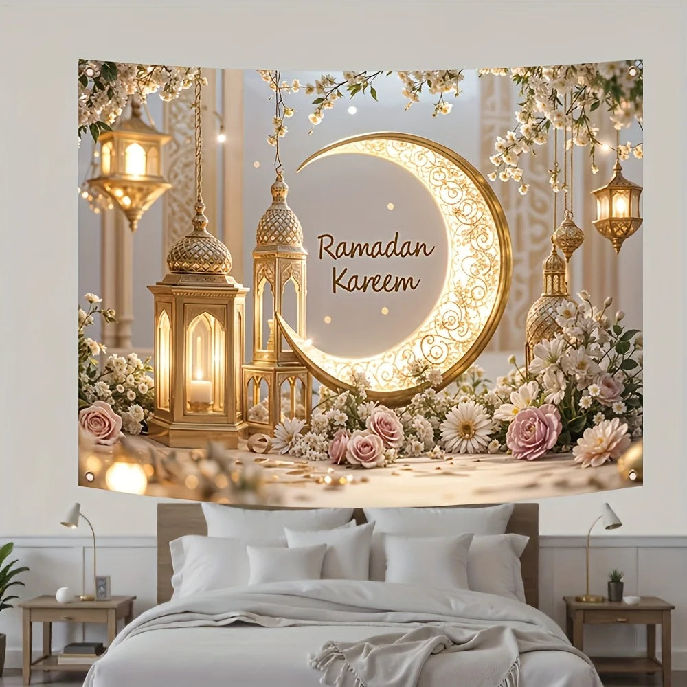 toile décorative ramadan lune dorée lanternes fleurs or blanc rose