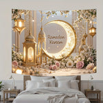 toile décorative ramadan lune dorée lanternes fleurs or blanc rose