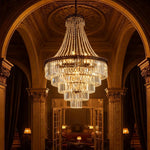 lustre pendentif cristal or élégant salle manger hall lumière froide neutre chaude