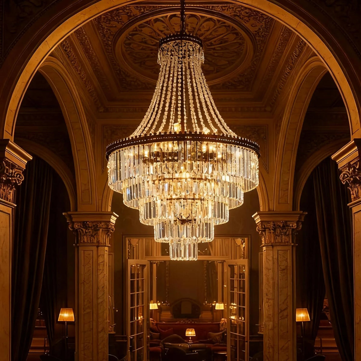 lustre pendentif cristal or élégant salle manger hall lumière froide neutre chaude