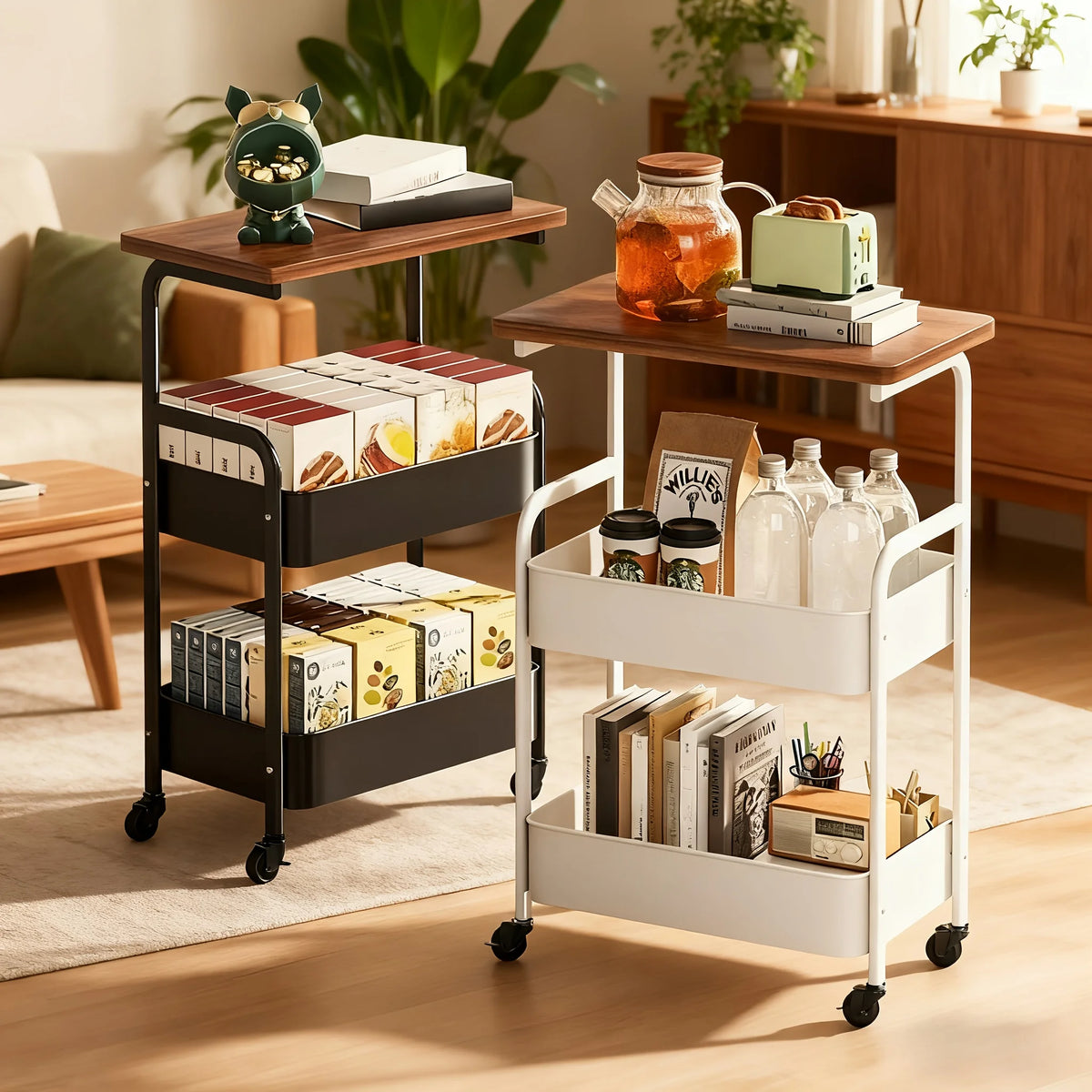 chariot roulant multi niveaux acier inoxydable plateau bois moderne stockage organisation cuisine salle bain