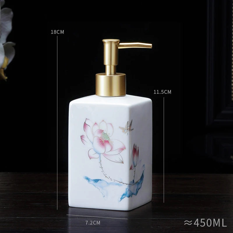 distributeur savon liquide céramique blanc bleu fleurs classique salle bains 280ml 450ml