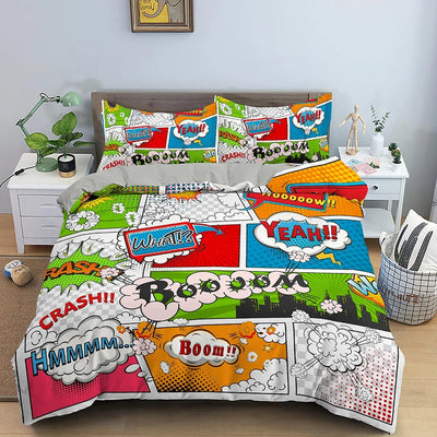 Housse de couette zippée motifs bande dessinée colorée sur un lit