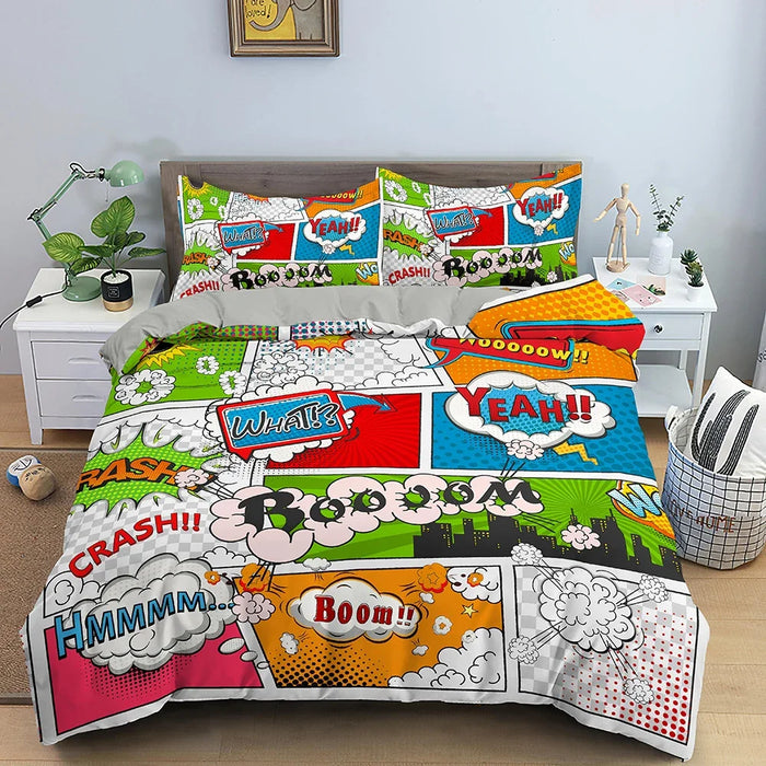 Housse de couette zippée motifs bande dessinée colorée sur un lit