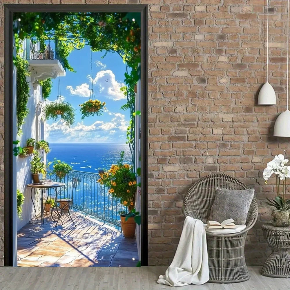 rideau porte paysage méditerranéen vinyle texturé fleurs balustrade rustique 90x180cm decoration murale