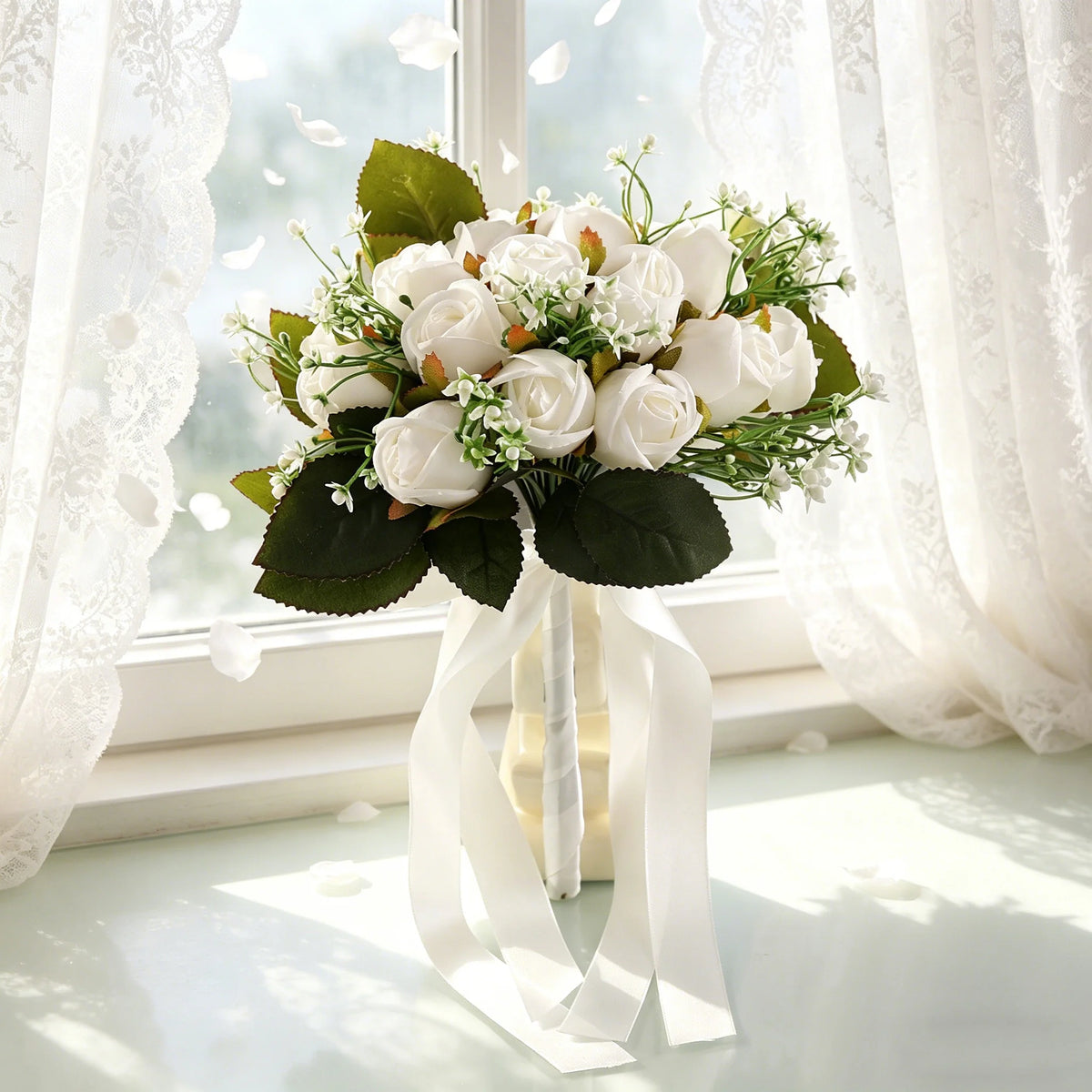 bouquet fleurs artificielles vase transparent romantique mariage blanc rose verte