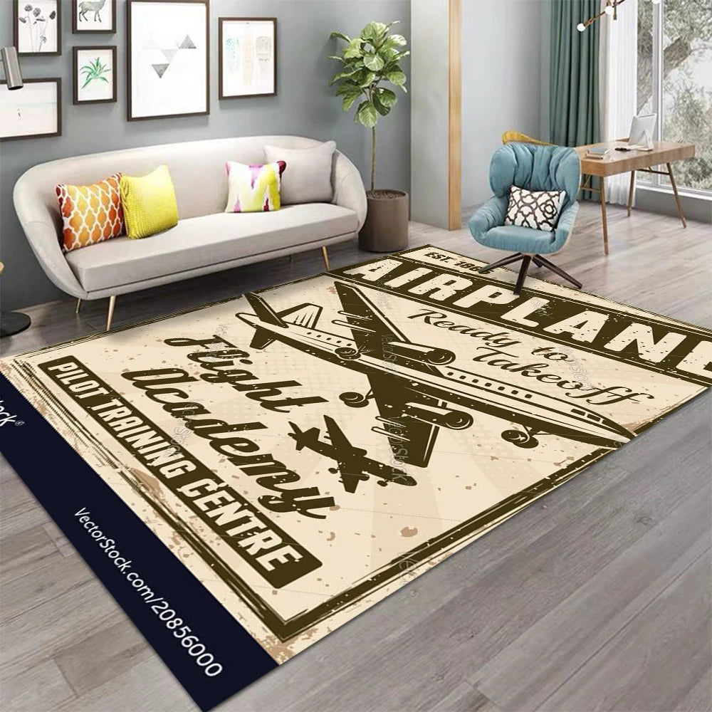 tapis rétro avion carte boussole moderne salon beige noir bleu rouge vert gris vintage