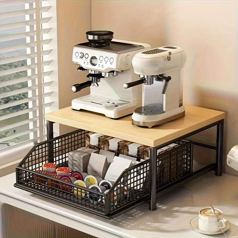 meuble rangement blanc bois paniers métalliques tiroir calculatrice stylos moderne fonctionnel