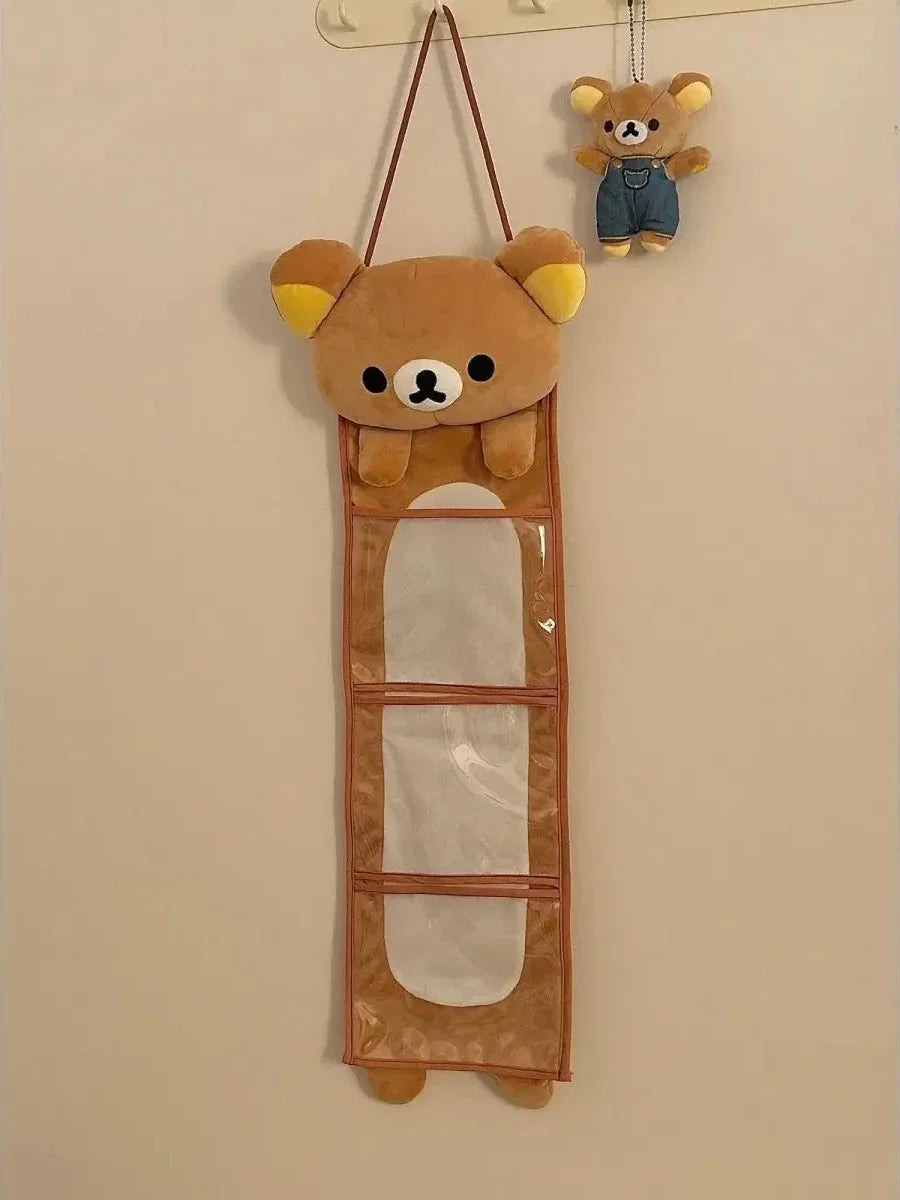 sac rangement mignon peluche ours marron clair compartiments transparents crochets poignées doux peluche kawaii