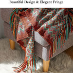 couverture plaid bohème ethnique rouge orange marron turquoise beige zigzag franges adaptable maison