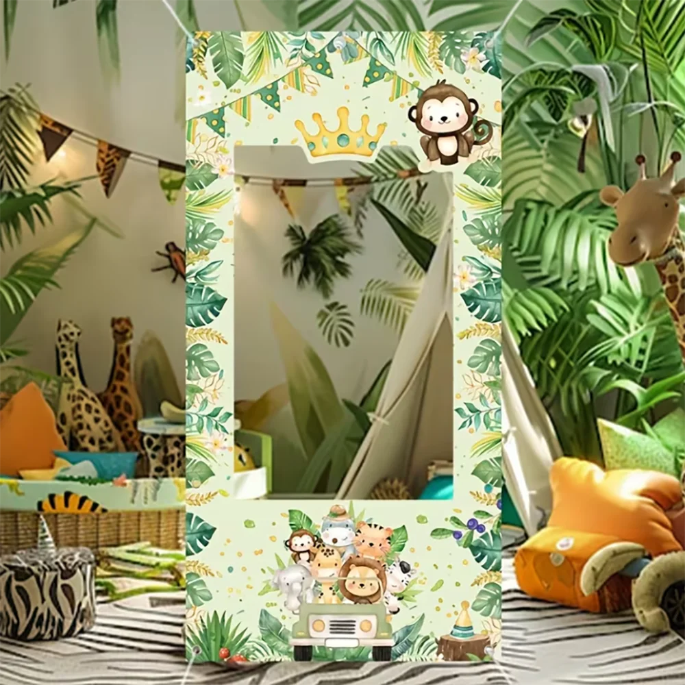 cadre photo vinyle jungle animaux motifs feuilles vert clips festif anniversaire enfants décoration tropicale