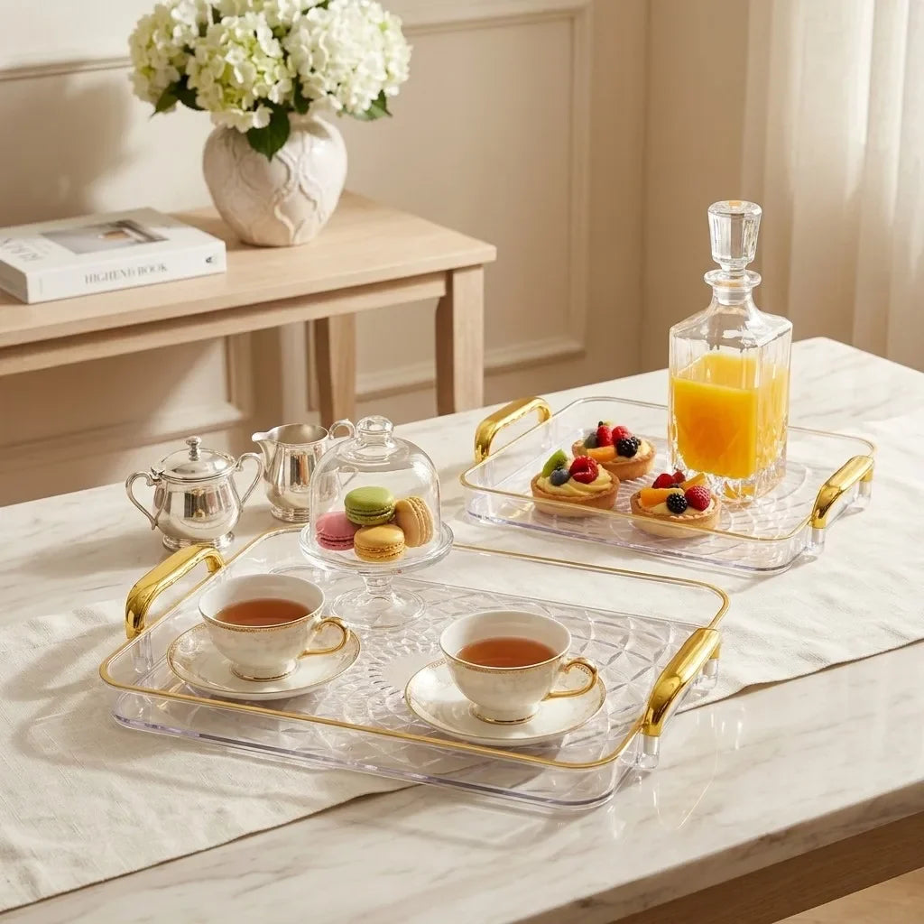 plateau thé transparent texture diamant 3d moderne poignées dorées tasse bol macaron tartine verge