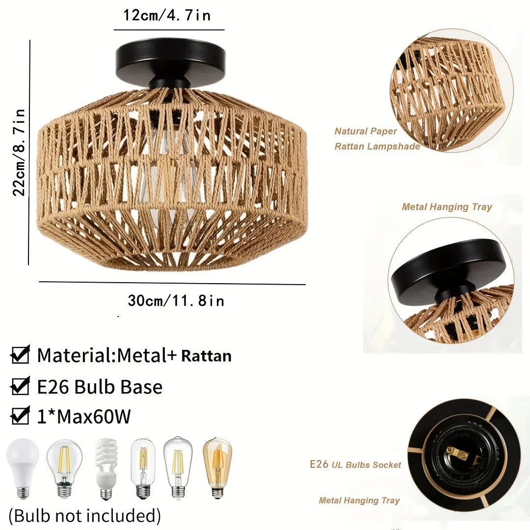 lampe suspendue moderne rustique tissée bambou naturel cadre métallique noir cuisine chambre coucher salle