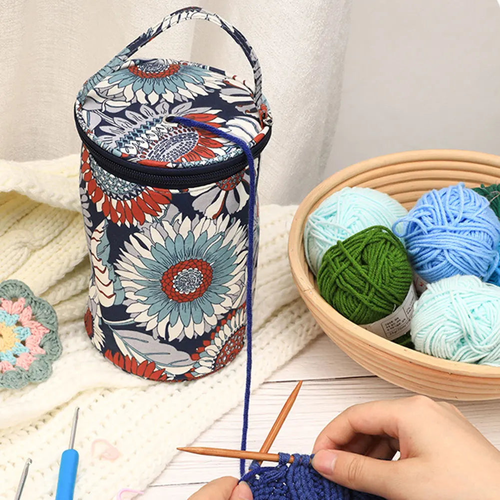 Sac rangement laine moderne noir rouge fleurs poignée amovible crochet pelotes mesures pratique