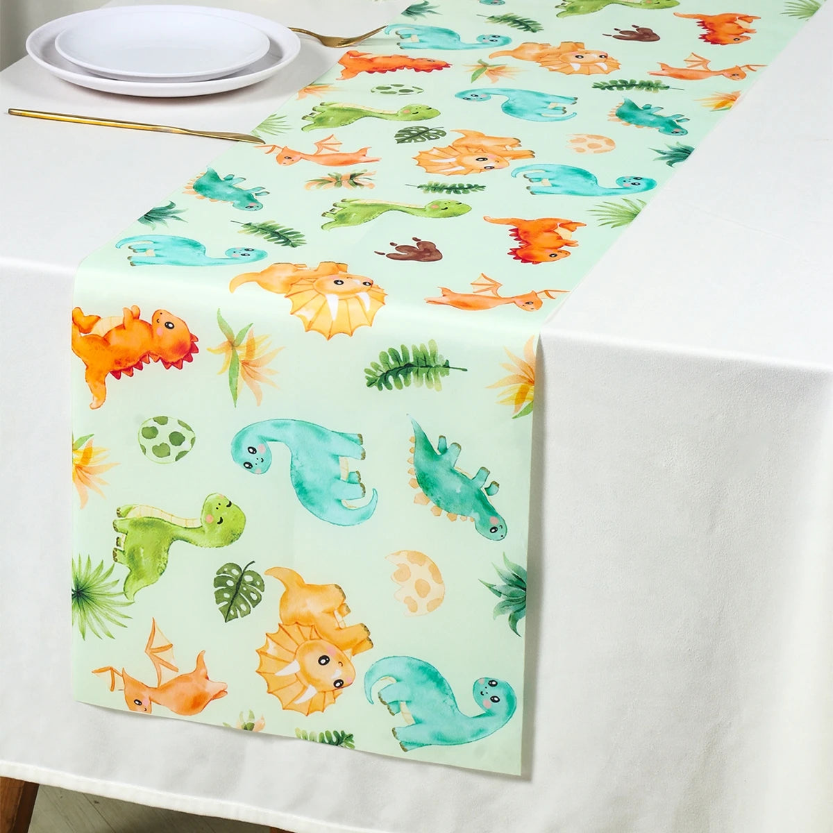 table table motif dinosaure feuilles tropicales décoration enfantine anniversaire fête révélation sexe aquarelle blanc