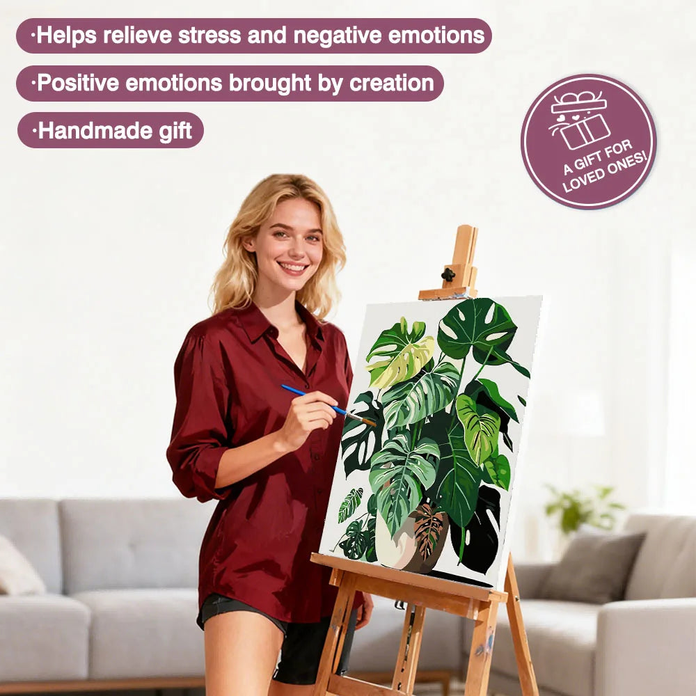 toile peinte diy feuilles plante moderne verte blancs gris decoration kit novice