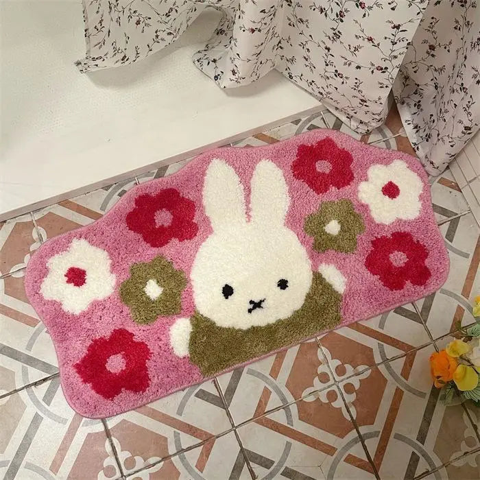 tapis sol antidérapant mignon motif lapins floral gris blanc bleu rouge rose vert