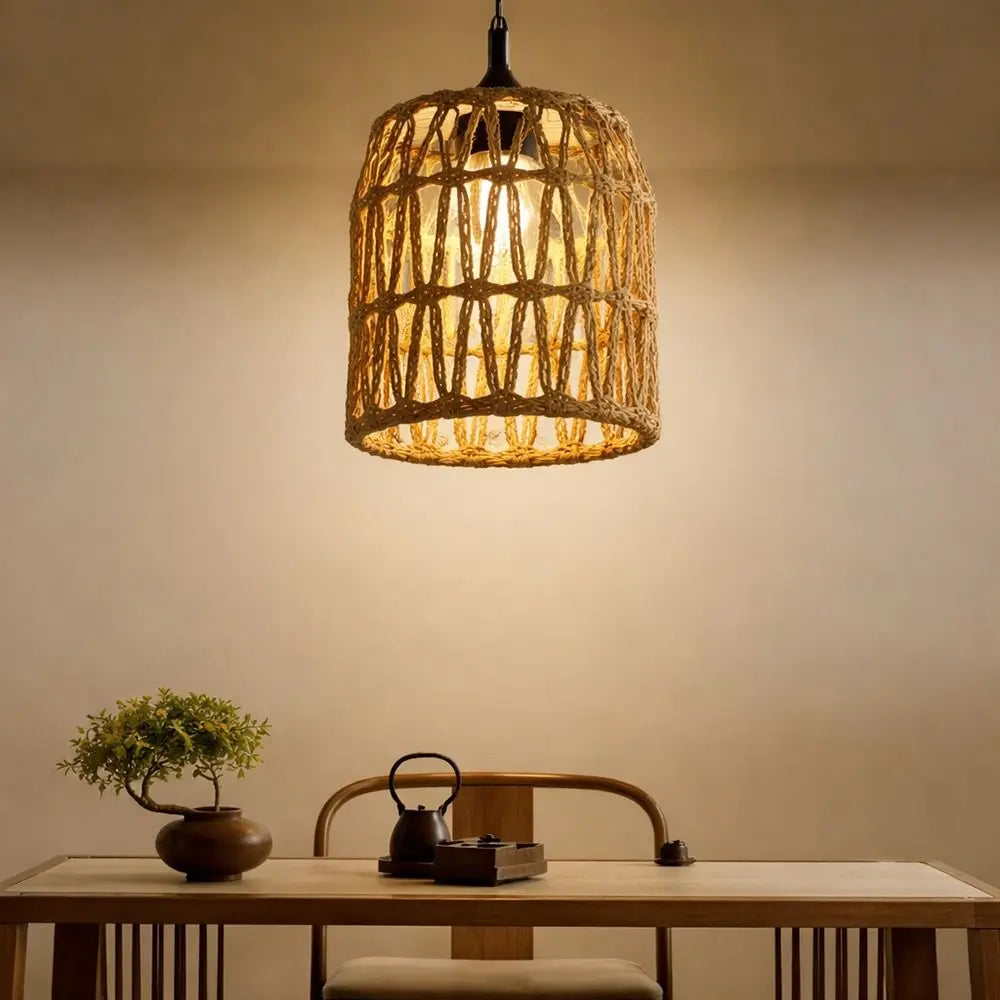 lampe suspendue tressée rotin beige moderne rustique abat jour 15cm diamètre 13cm anneau métallique