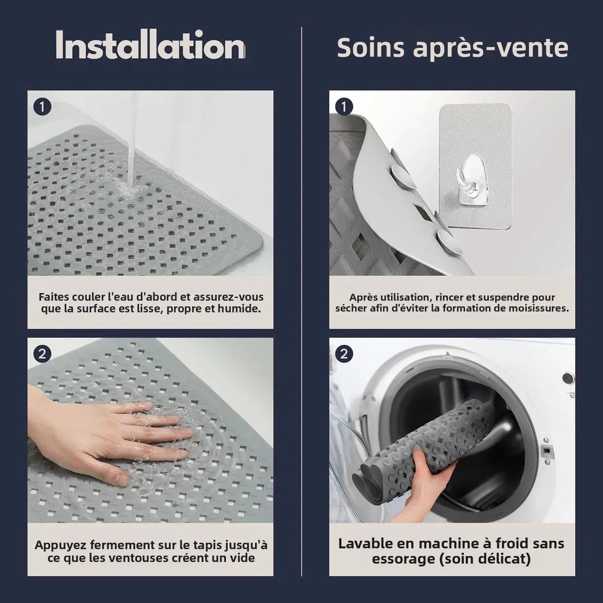 tapis douche antidérapant moderne gris perfo alvéoles adhésifs drainage salle bain