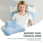 coussin cervical mousse mémoire forme bleu clair texture ergonomique alignement colonne vertébrale relaxation sommeil