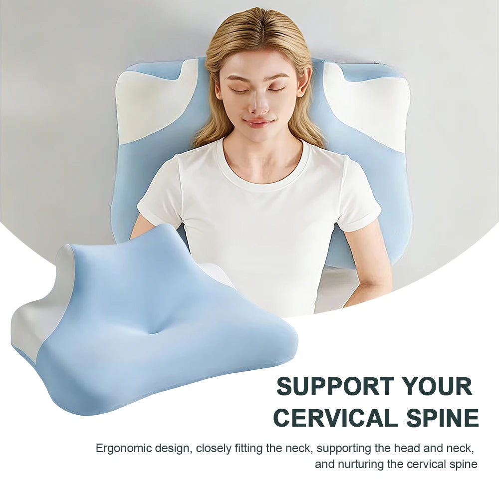 coussin cervical mousse mémoire forme bleu clair texture ergonomique alignement colonne vertébrale relaxation sommeil