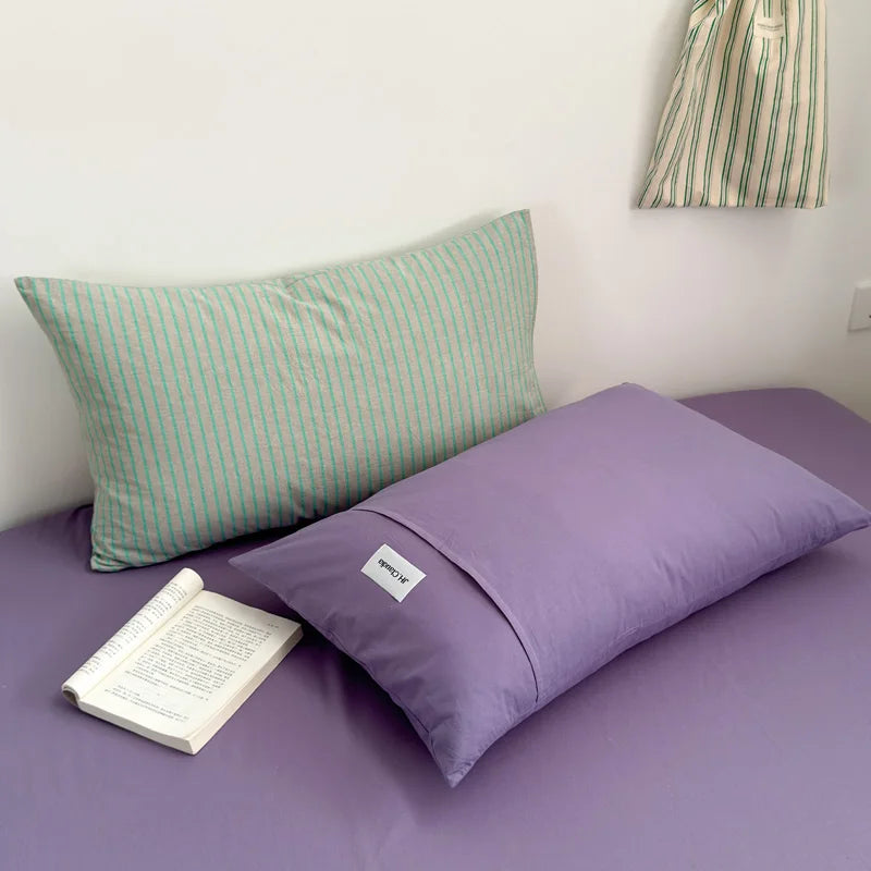 taies d'oreiller coton rayées jaune marron bleu violet 48x74cm respectueuses environnement minimaliste